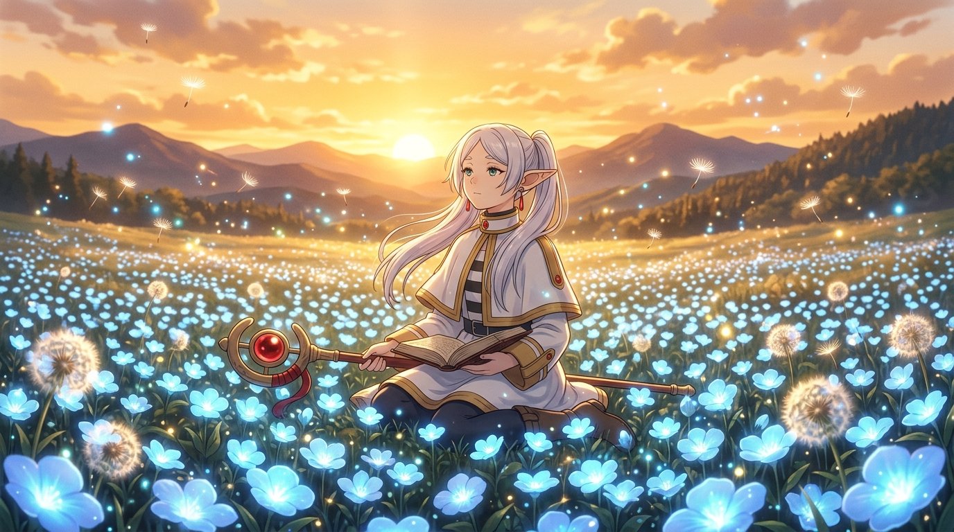 Frieren the Elf Mage in Blue Moonweed Field