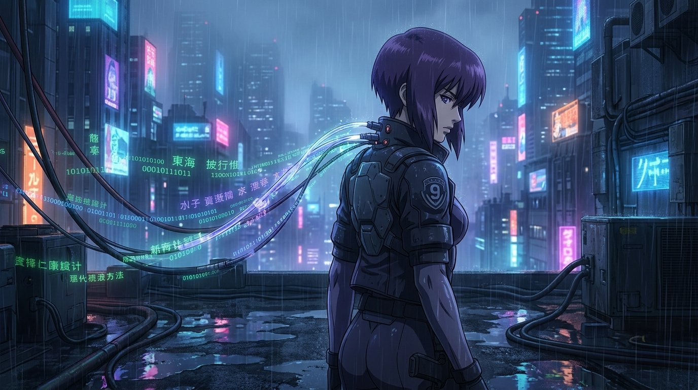 Major Motoko Kusanagi on Neo-Tokyo Rooftop in Ghost in the Shell