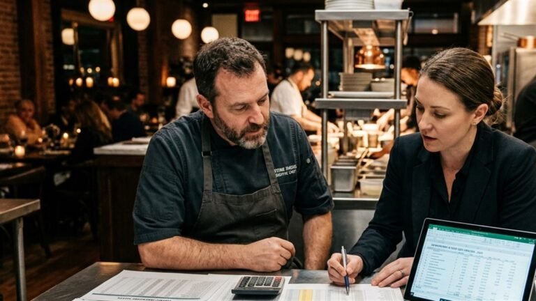 Restaurant general manager reviewing hourly employee schedule and sales per labor hour benchmarks on digital tablet
