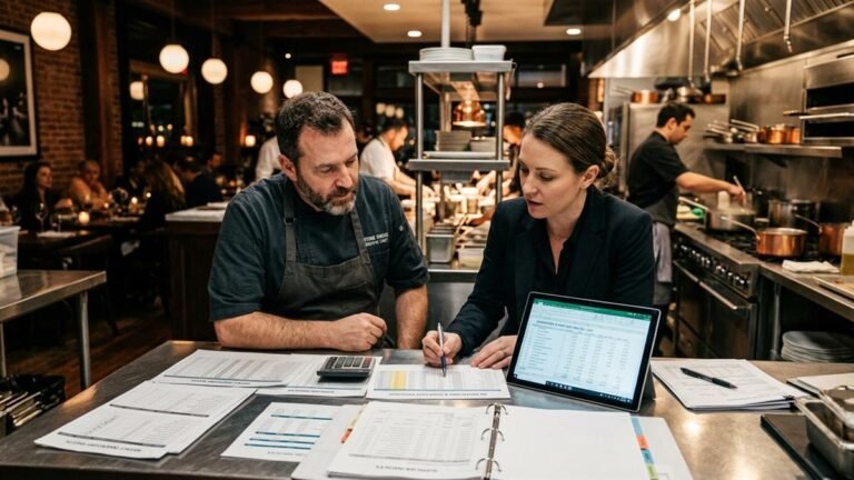 Executive chef and restaurant manager analyzing food cost percentages and prime cost spreadsheets in commercial kitchen